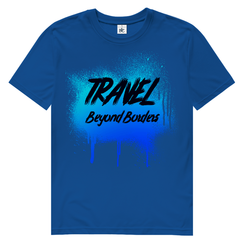 Blaues Street-Art-Design mit Spray-Effekt und markanter Textur auf blauem Hintergrund.