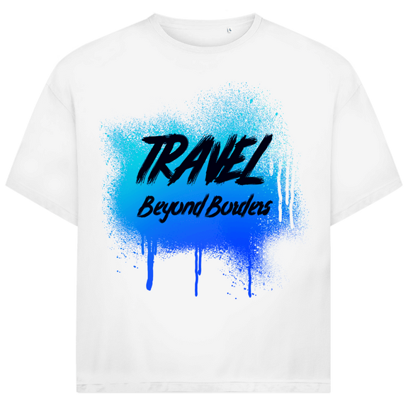 Blaues Street-Art-Design mit Spray-Effekt und markanter Textur auf weissem Hintergrund.