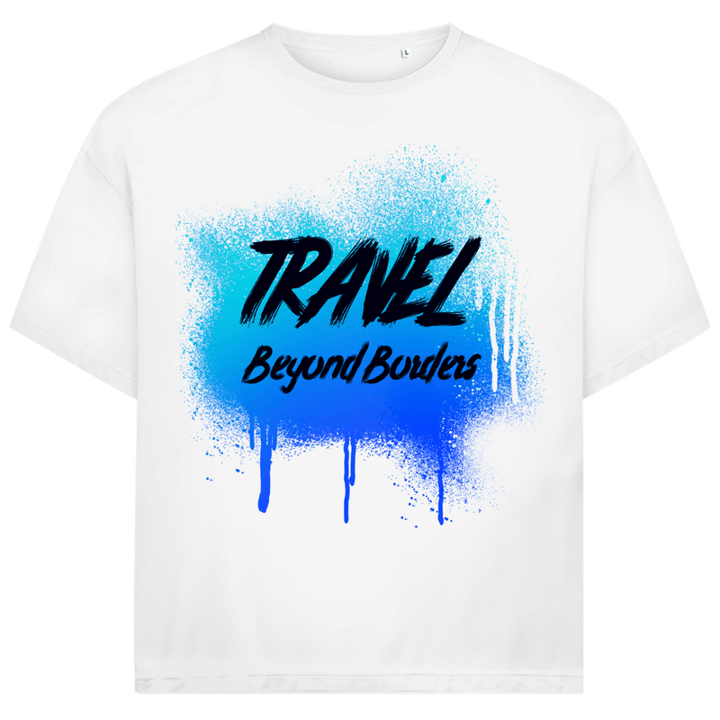 Blaues Street-Art-Design mit Spray-Effekt und markanter Textur auf weissem Hintergrund.