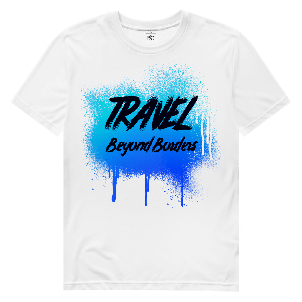 Blaues Street-Art-Design mit Spray-Effekt und markanter Textur auf weissem Hintergrund.