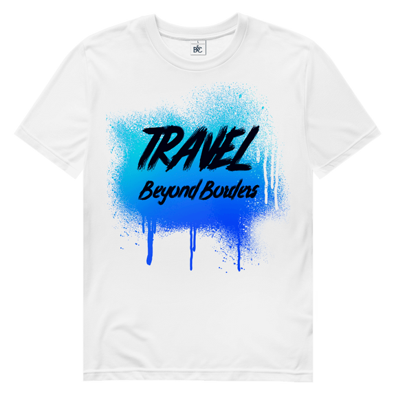 Blaues Street-Art-Design mit Spray-Effekt und markanter Textur auf weissem Hintergrund.