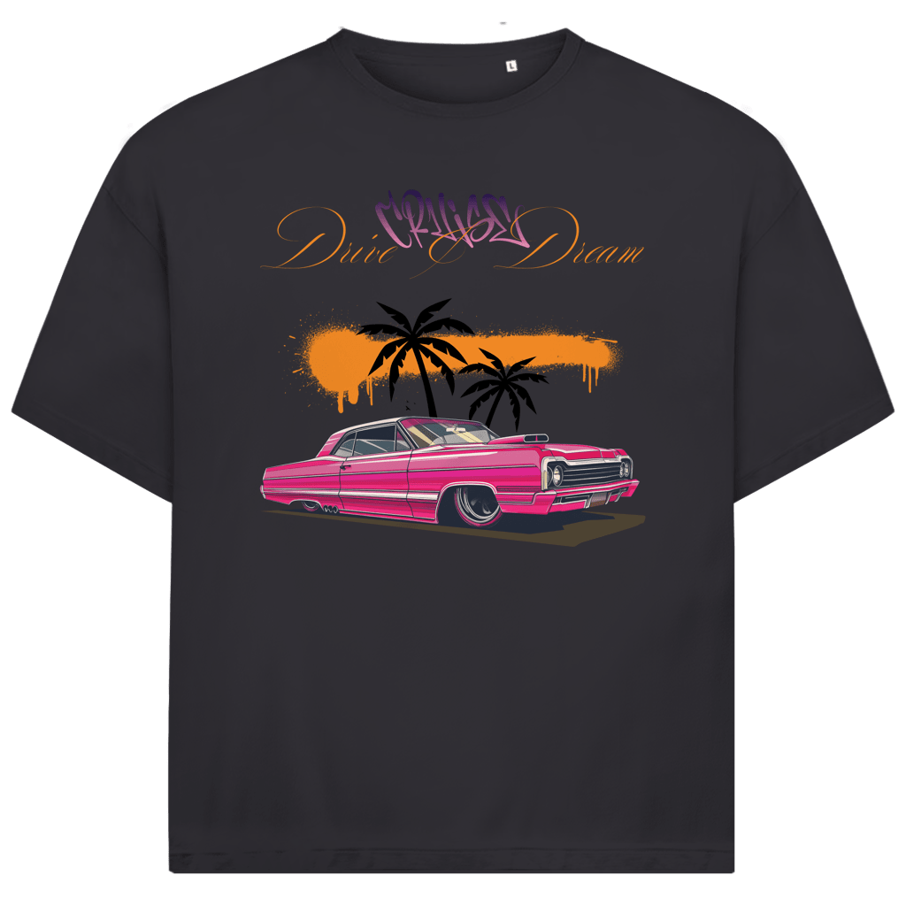 Dunkelgraues TShirt mit pinkfarbenem Retro-Strassenkreuzer. 2 Palmen im Hintergrund und Sonnenuntergang. Design-Schriftzug.