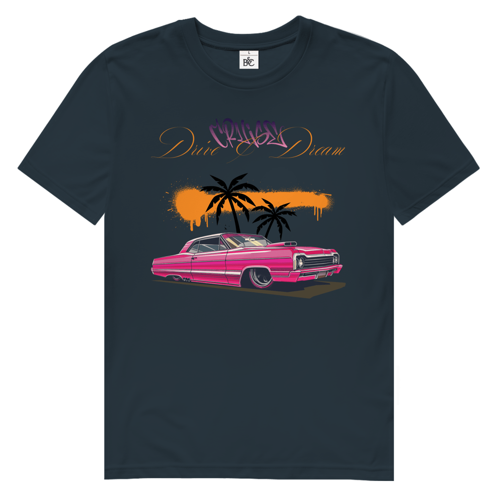 Dunkelgraues TShirt mit pinkfarbenem Retro-Strassenkreuzer. 2 Palmen im Hintergrund und Sonnenuntergang. Design-Schriftzug.