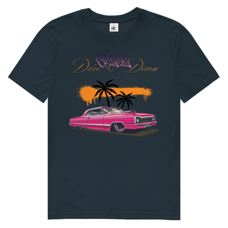 Dunkelgraues TShirt mit pinkfarbenem Retro-Strassenkreuzer. 2 Palmen im Hintergrund und Sonnenuntergang. Design-Schriftzug.