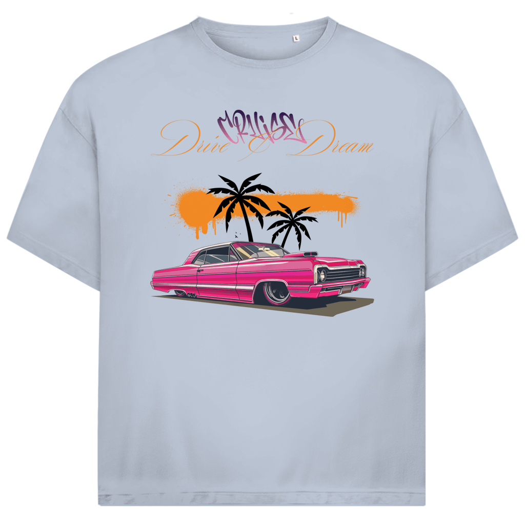 Hellblaues TShirt mit pinkfarbenem Retro-Strassenkreuzer. 2 Palmen im Hintergrund und Sonnenuntergang. Design-Schriftzug.