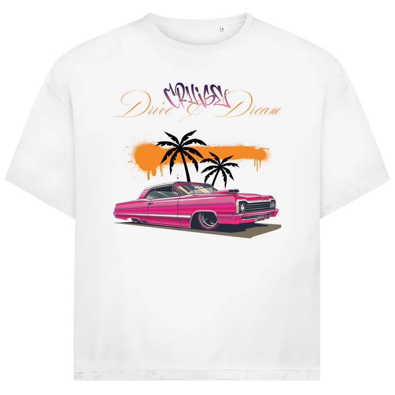 Weisses TShirt mit pinkfarbenem Retro-Strassenkreuzer. 2 Palmen im Hintergrund und Sonnenuntergang. Design-Schriftzug.