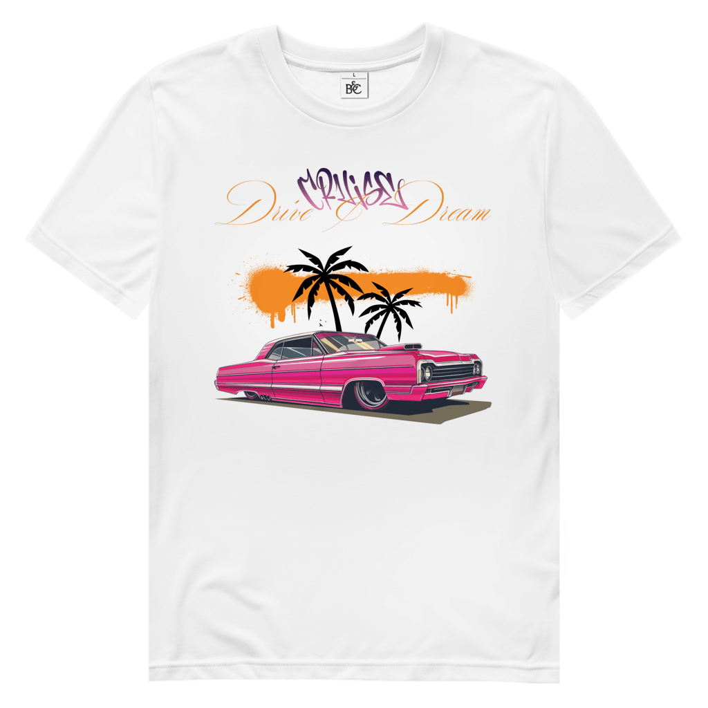 Weisses TShirt mit pinkfarbenem Retro-Strassenkreuzer. 2 Palmen im Hintergrund und Sonnenuntergang. Design-Schriftzug.