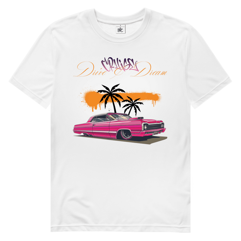 Weisses TShirt mit pinkfarbenem Retro-Strassenkreuzer. 2 Palmen im Hintergrund und Sonnenuntergang. Design-Schriftzug.