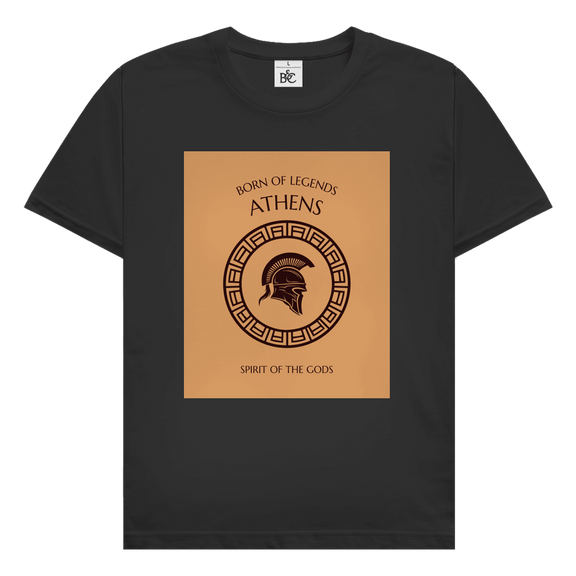 Athens Design mit griechischem Kriegerhelm, antikem Ornamentkreis und Schriftzug Born of Legends Spirit of the Gods.