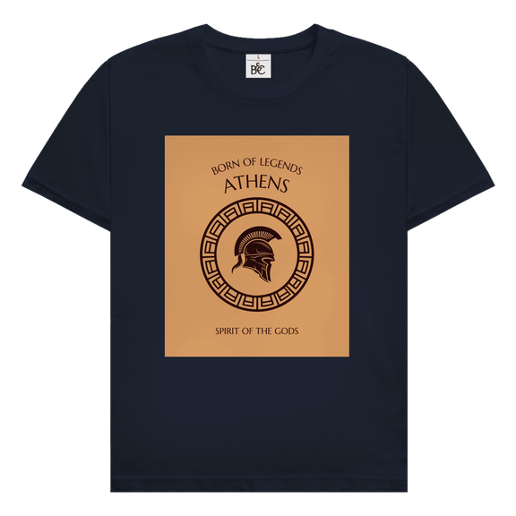 Athens Design mit griechischem Kriegerhelm, antikem Ornamentkreis und Schriftzug Born of Legends Spirit of the Gods.