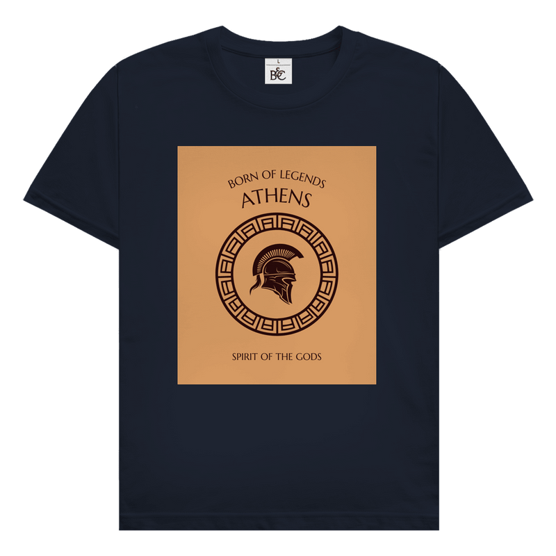 Athens Design mit griechischem Kriegerhelm, antikem Ornamentkreis und Schriftzug Born of Legends Spirit of the Gods.