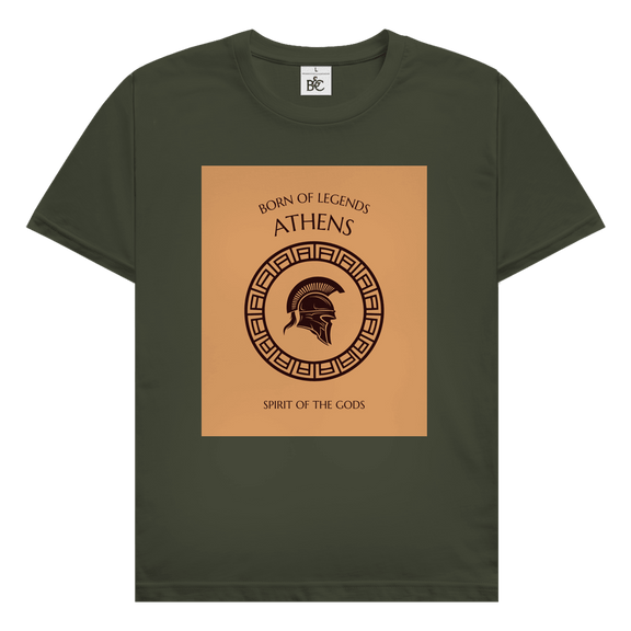 Athens Design mit griechischem Kriegerhelm, antikem Ornamentkreis und Schriftzug Born of Legends Spirit of the Gods.