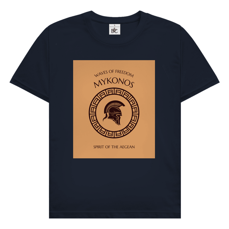 Mykonos Design mit griechischem Kriegerhelm, antikem Ornamentkreis und Schriftzug Waves of Freedom Spirit of the Aegean.