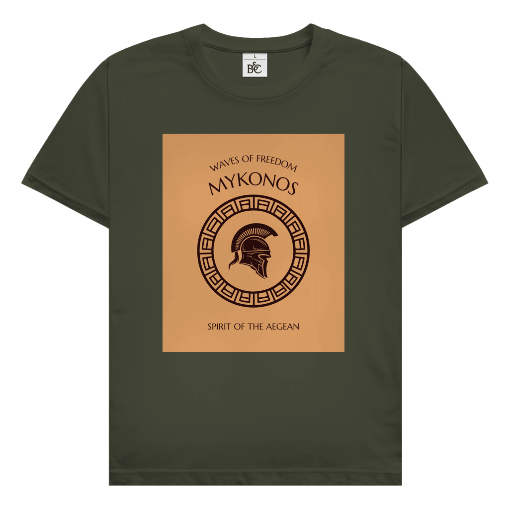 Mykonos Design mit griechischem Kriegerhelm, antikem Ornamentkreis und Schriftzug Waves of Freedom Spirit of the Aegean.