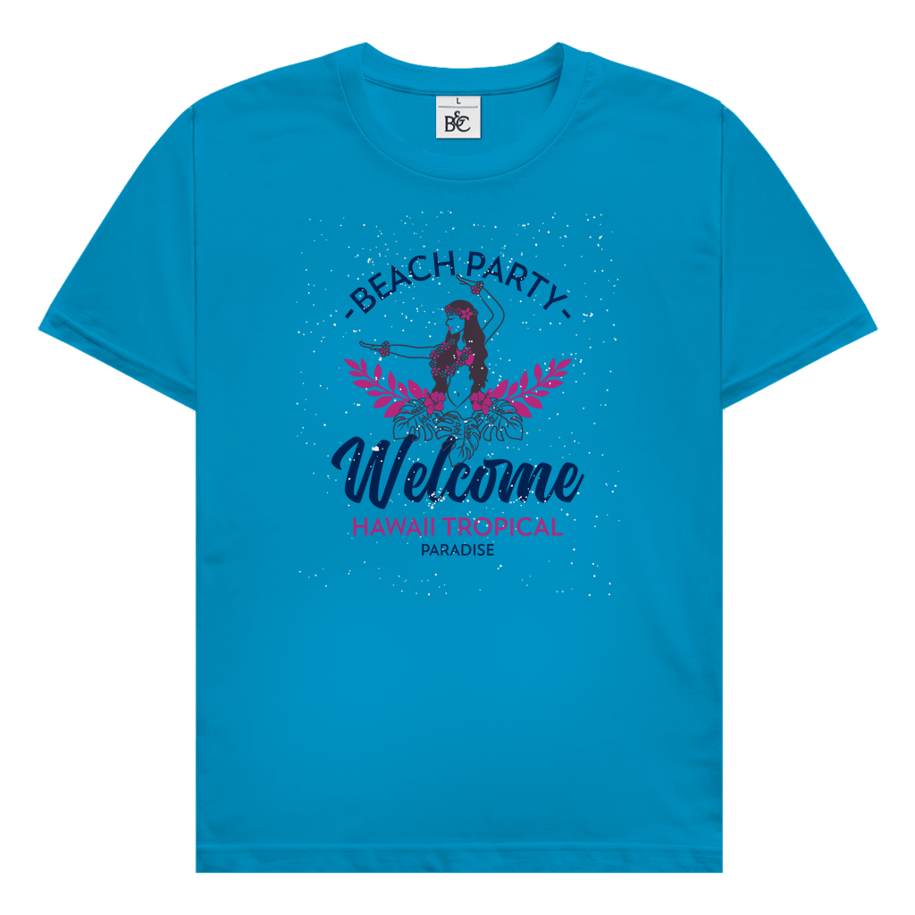 Hawaii Tropical Beach Party Design mit Hula Tänzerinnen, tropischen Blättern und Schriftzug Welcome Hawaii Tropical Paradise.