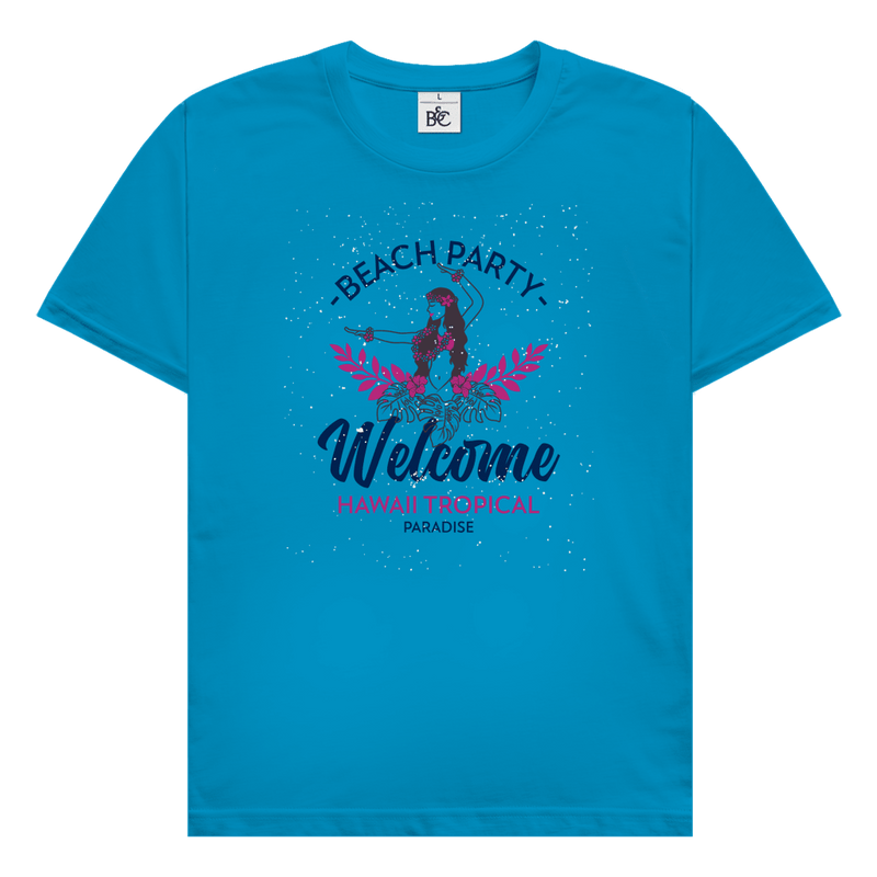 Hawaii Tropical Beach Party Design mit Hula Tänzerinnen, tropischen Blättern und Schriftzug Welcome Hawaii Tropical Paradise.