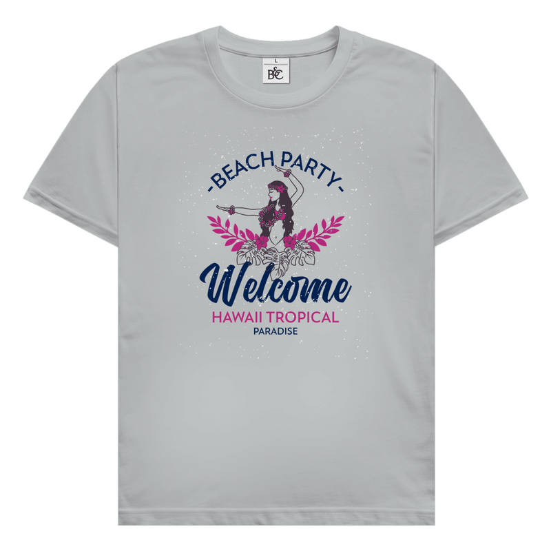 Hawaii Tropical Beach Party Design mit Hula Tänzerinnen, tropischen Blättern und Schriftzug Welcome Hawaii Tropical Paradise.
