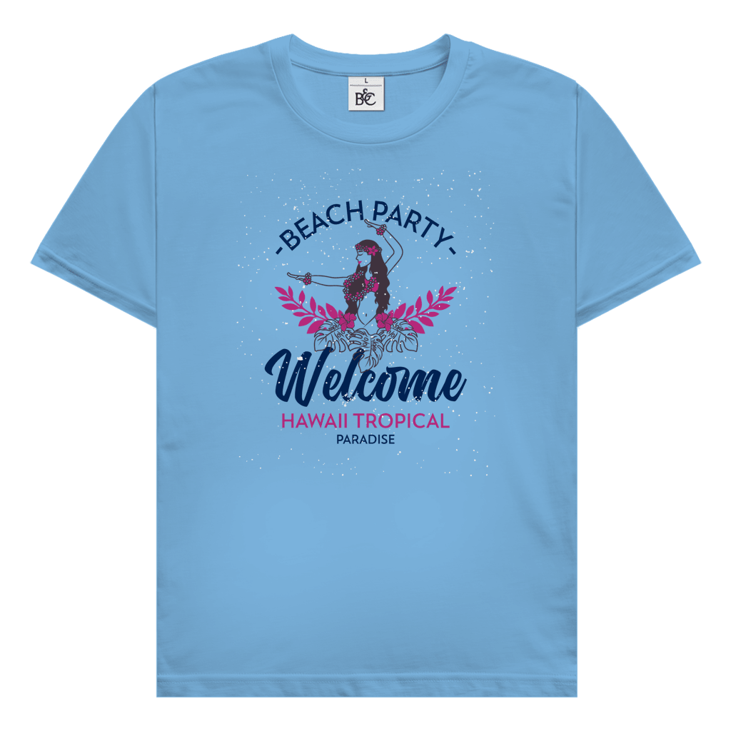 Hawaii Tropical Beach Party Design mit Hula Tänzerinnen, tropischen Blättern und Schriftzug Welcome Hawaii Tropical Paradise.