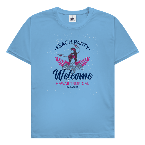 Hawaii Tropical Beach Party Design mit Hula Tänzerinnen, tropischen Blättern und Schriftzug Welcome Hawaii Tropical Paradise.