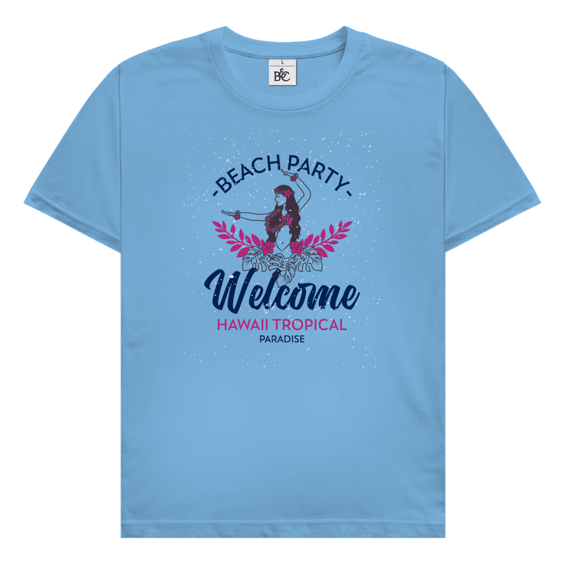 Hawaii Tropical Beach Party Design mit Hula Tänzerinnen, tropischen Blättern und Schriftzug Welcome Hawaii Tropical Paradise.