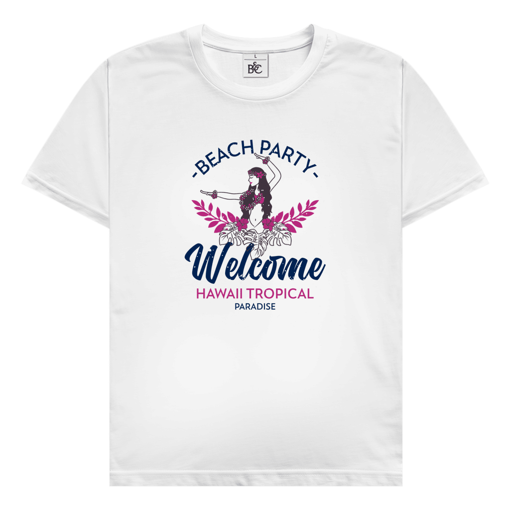 Hawaii Tropical Beach Party Design mit Hula Tänzerinnen, tropischen Blättern und Schriftzug Welcome Hawaii Tropical Paradise.