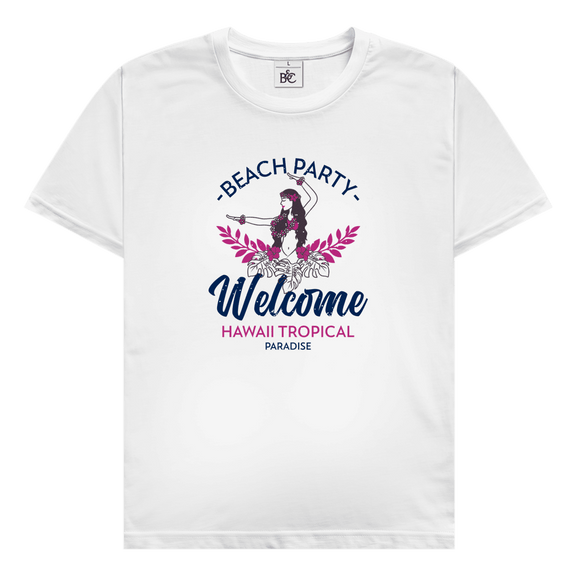 Hawaii Tropical Beach Party Design mit Hula Tänzerinnen, tropischen Blättern und Schriftzug Welcome Hawaii Tropical Paradise.