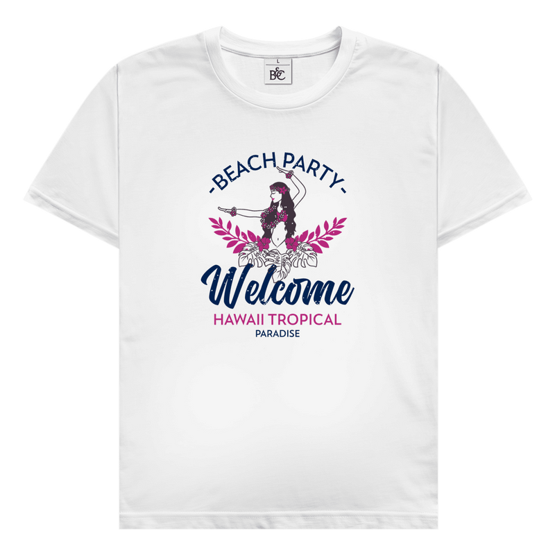 Hawaii Tropical Beach Party Design mit Hula Tänzerinnen, tropischen Blättern und Schriftzug Welcome Hawaii Tropical Paradise.