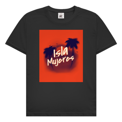 Isla Mujeres Travel Design mit Palmensilhouetten, Sonnenuntergang und handschriftlichem Schriftzug Isla Mujeres.