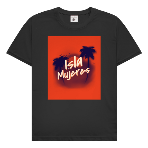 Isla Mujeres Travel Design mit Palmensilhouetten, Sonnenuntergang und handschriftlichem Schriftzug Isla Mujeres.