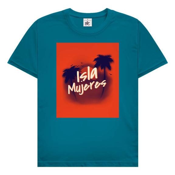 Isla Mujeres Travel Design mit Palmensilhouetten, Sonnenuntergang und handschriftlichem Schriftzug Isla Mujeres.
