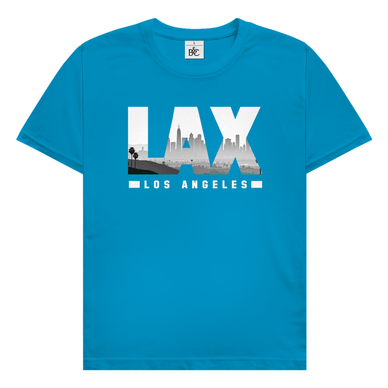 Himmelblaues TShirt mit drei Buchstaben des Flughafencode. Overlay der Buchstaben ein Bild in schwarz/weiß der Skyline.