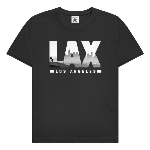 Schwarzes TShirt mit drei Buchstaben des Flughafencode. Overlay der Buchstaben ein Bild in schwarz/weiß der Skyline.