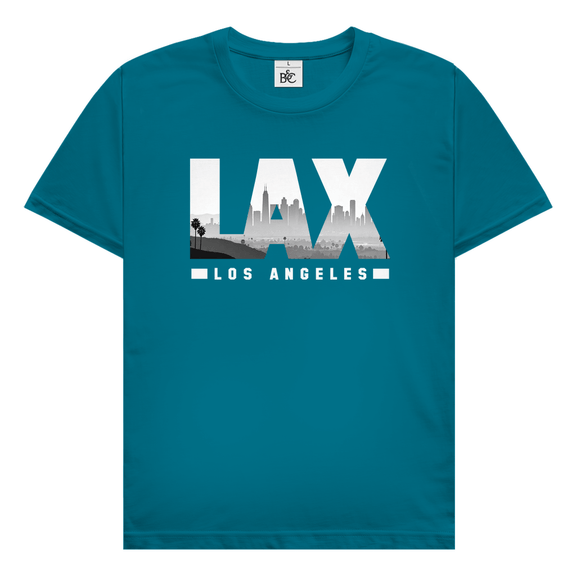 Grünblaues TShirt mit drei Buchstaben des Flughafencode. Overlay der Buchstaben ein Bild in schwarz/weiß der Skyline.