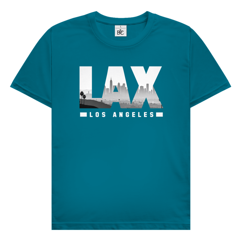 Grünblaues TShirt mit drei Buchstaben des Flughafencode. Overlay der Buchstaben ein Bild in schwarz/weiß der Skyline.