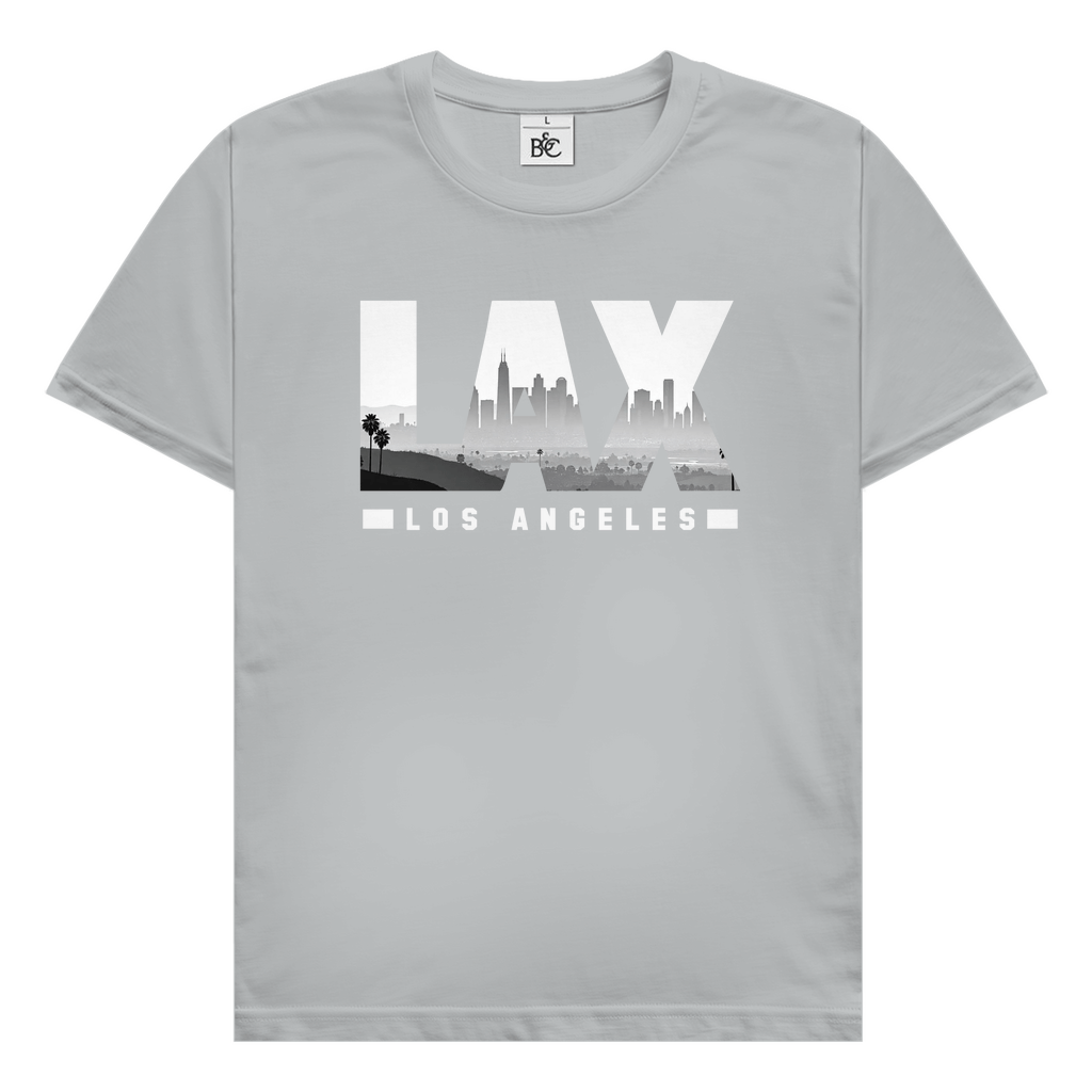 Hellgraues TShirt mit drei Buchstaben des Flughafencode. Overlay der Buchstaben ein Bild in schwarz/weiß der Skyline.