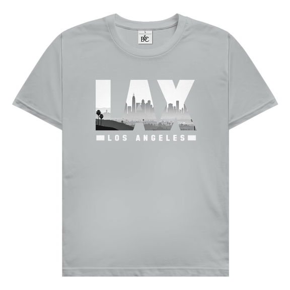 Hellgraues TShirt mit drei Buchstaben des Flughafencode. Overlay der Buchstaben ein Bild in schwarz/weiß der Skyline.