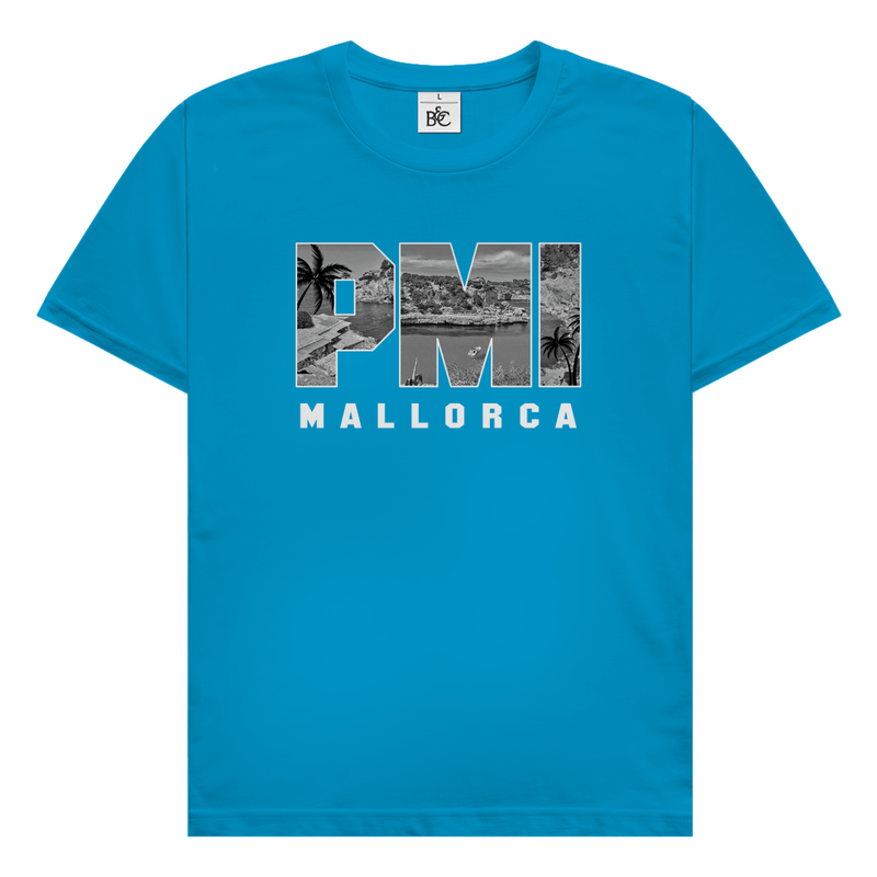 Himmelblaues TShirt mit drei Buchstaben des Flughafencode. Overlay der Buchstaben ein Bild in schwarz/weiß von der Insel.