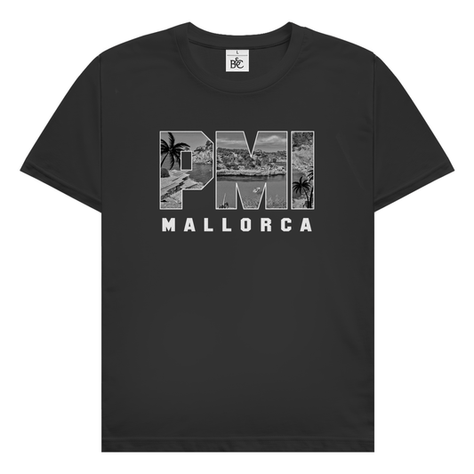 Schwarzes TShirt mit drei Buchstaben des Flughafencode. Overlay der Buchstaben ein Bild in schwarz/weiß von der Insel.