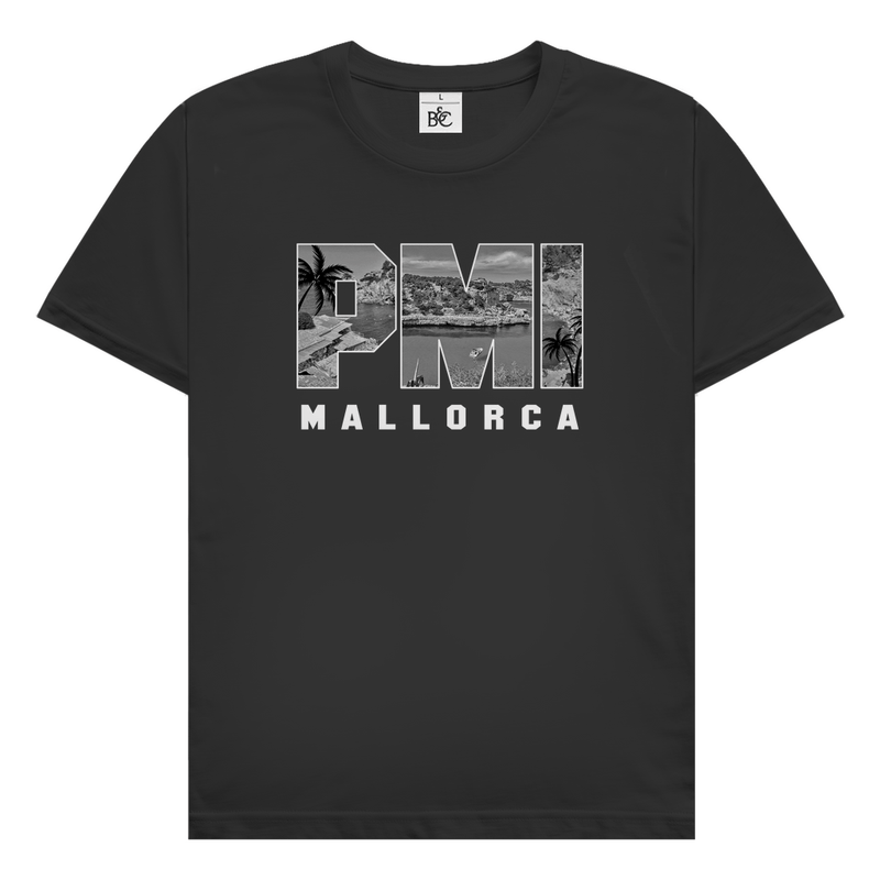 Schwarzes TShirt mit drei Buchstaben des Flughafencode. Overlay der Buchstaben ein Bild in schwarz/weiß von der Insel.