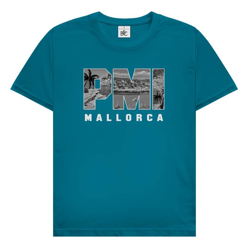 Grünblaues TShirt mit drei Buchstaben des Flughafencode. Overlay der Buchstaben ein Bild in schwarz/weiß von der Insel.