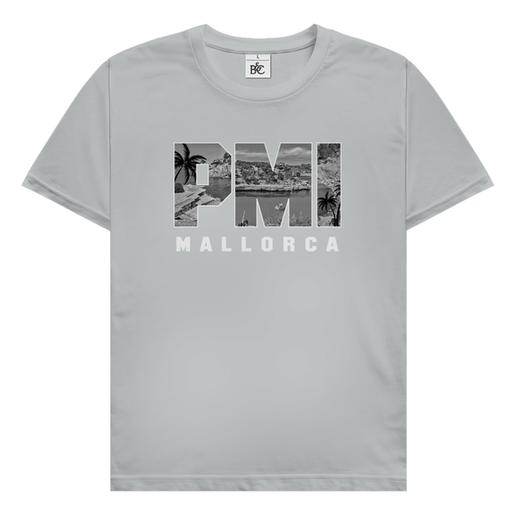 Hellgraues TShirt mit drei Buchstaben des Flughafencode. Overlay der Buchstaben ein Bild in schwarz/weiß von der Insel.