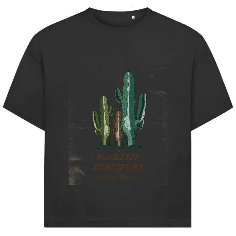 Drei verschieden farbige und -grosse Kakteen über dem Designnamen auf schwarzem Hintergrund.