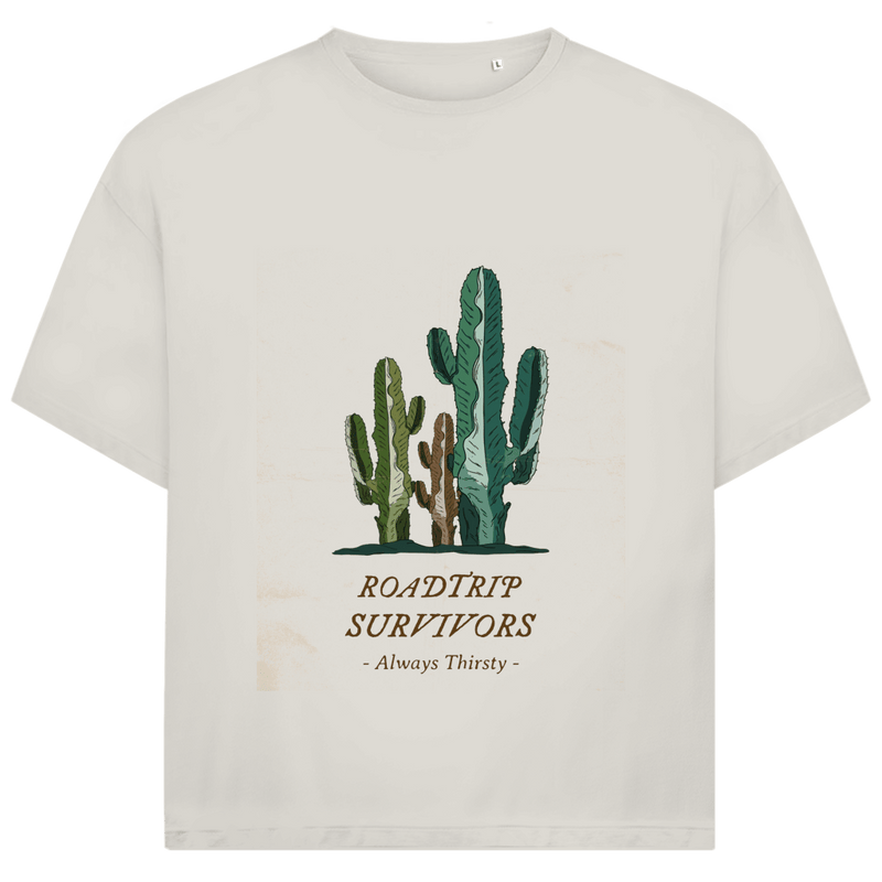 Drei verschieden farbige und -grosse Kakteen über dem Designnamen auf sandfarbenem Hintergrund.