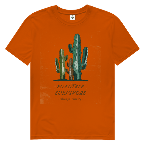 Drei verschieden farbige und -grosse Kakteen über dem Designnamen auf orangenem Hintergrund.