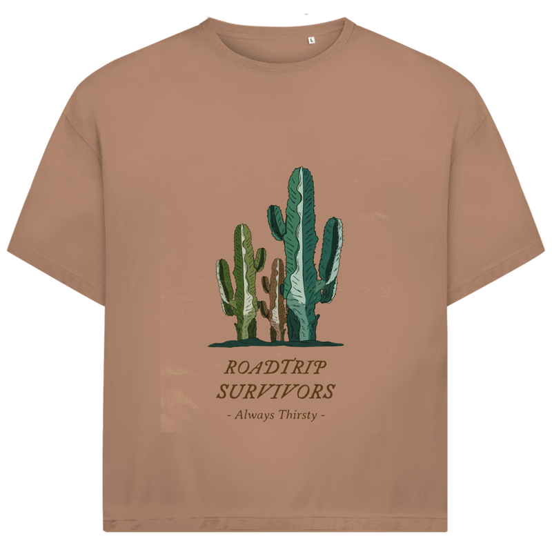 Drei verschieden farbige und -grosse Kakteen über dem Designnamen auf erdfarbenem Hintergrund.