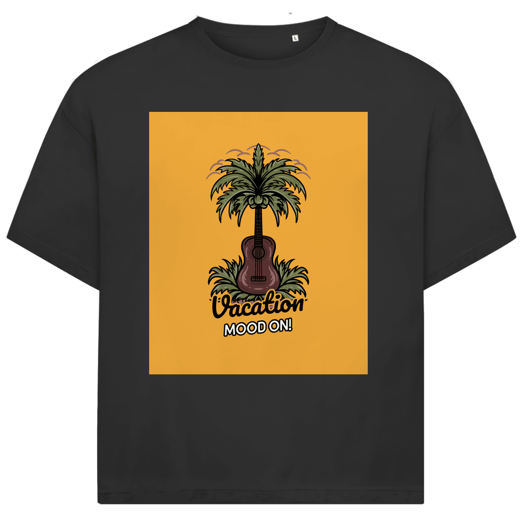 Dunkelgraues TShirt mit rechteckigem gelbem Print. Design: Gitarre als Kokospalme im Gras.