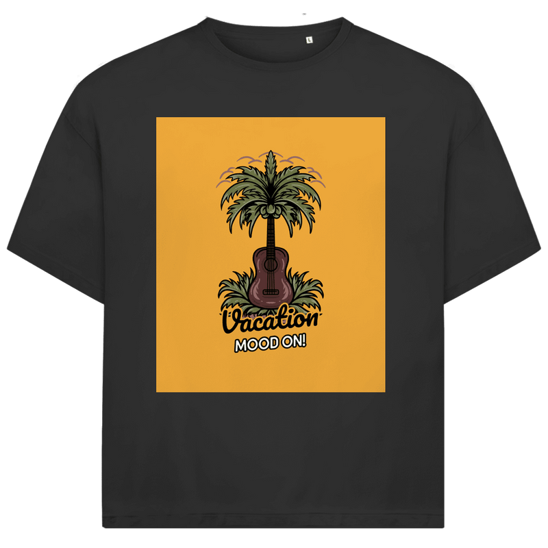 Dunkelgraues TShirt mit rechteckigem gelbem Print. Design: Gitarre als Kokospalme im Gras.