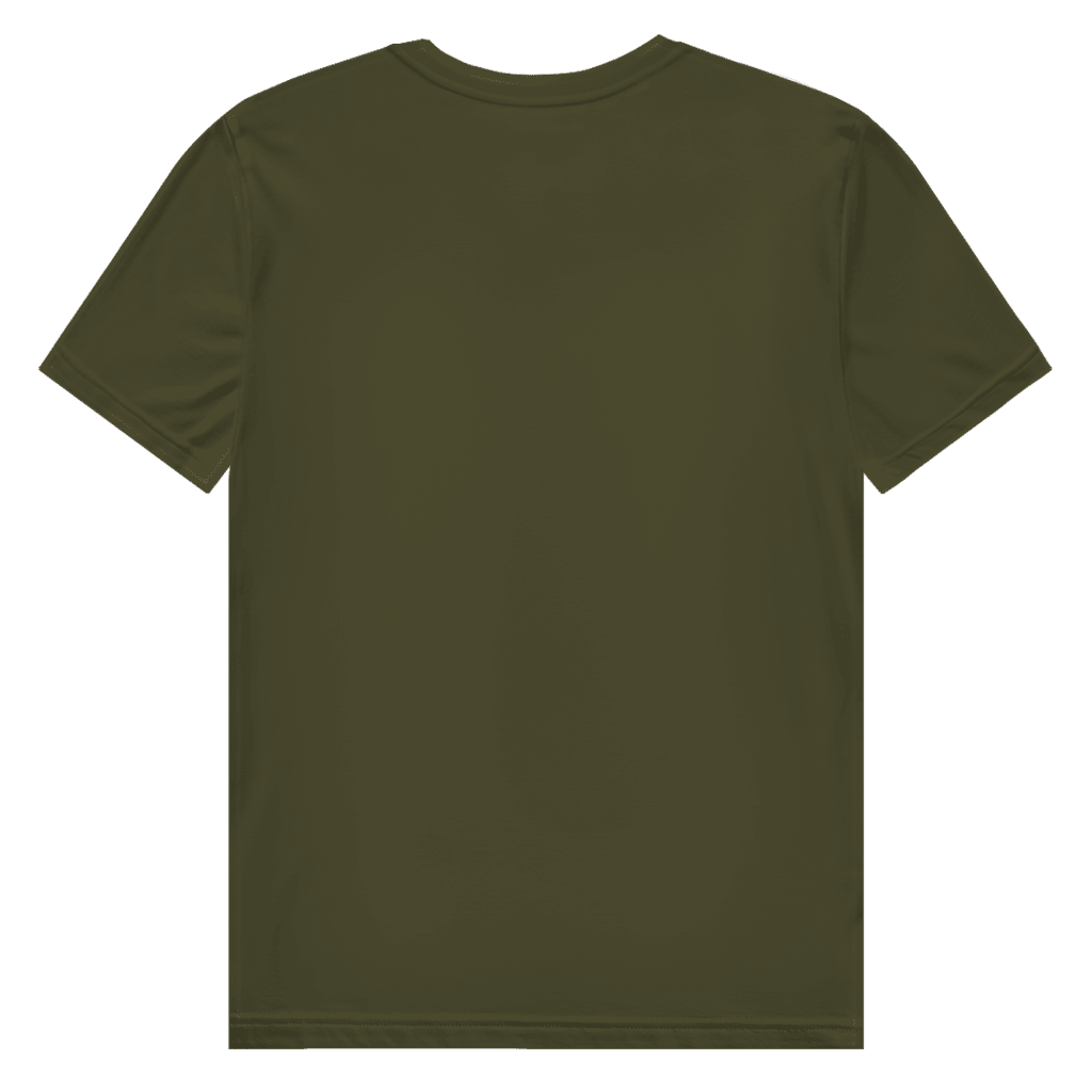Khaki-Gruenes T-Shirt ohne Design (Rückseite).