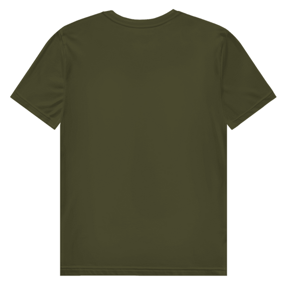 Khaki-Gruenes T-Shirt ohne Design (Rückseite).