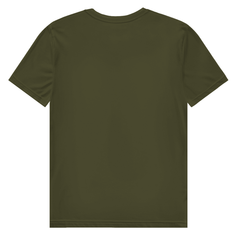 Khaki-Gruenes T-Shirt ohne Design (Rückseite).